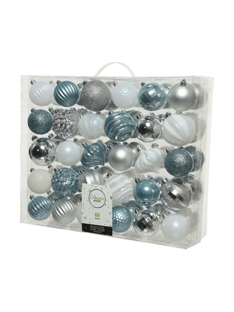 Set de bolas de Navidad irrompibles Turnip Ø 7 cm, 60 uds., Azul, blanco, plateado, Ø 7 cm