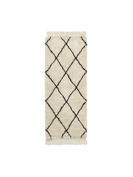 Pluizige hoogpolige loper Naima met franjes, handgetuft, Bovenzijde: 100 % polyester, Onderzijde: 100 % gerecycled polyeste, Crèmewit, B 80 x L 200 cm