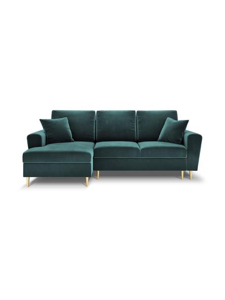 Canapé d'angle 3 places en velours avec fonction lit et rangement Moghan, Velours bleu pétrole, couleur dorée, larg. 241 x prof. 145 cm, méridienne à gauche
