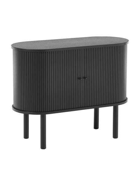 Kleines Sideboard Calary mit geriffelter Front, Korpus: Mitteldichte Holzfaserpla, Beine: Massives Eichenholz, FSC-, Schwarz, B 95 x H 77 cm