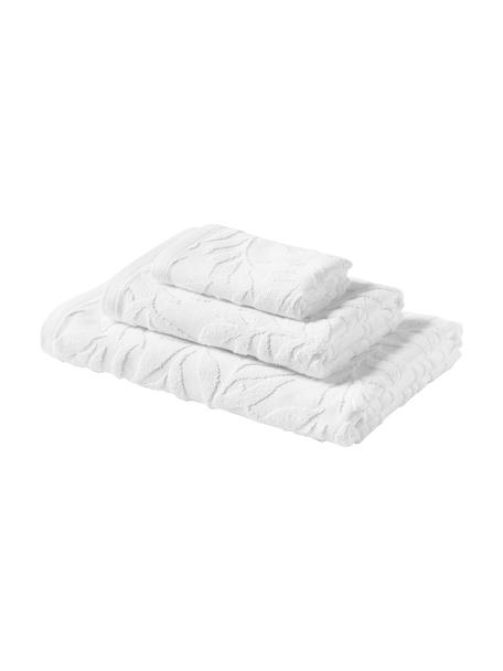 Set 3 asciugamani in cotone Leaf, 100% cotone
Qualità medio-pesante 450 g/m²

Il materiale utilizzato in questo prodotto è testato per le sostanze nocive e certificato secondo lo STANDARD 100 by OEKO-TEX®, 3883CIT, CITEVE, Bianco, Set in varie misure