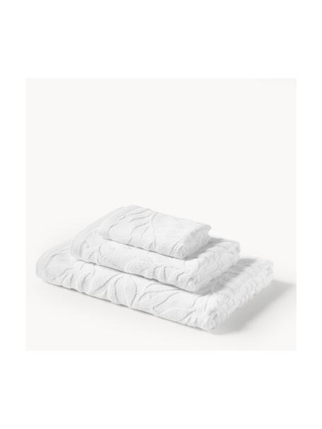 Lot de serviettes de bain en coton Leaf, 3 élém., Blanc, 3 éléments (1 serviette invité, 1 serviette de toilette et 1 drap de bain)