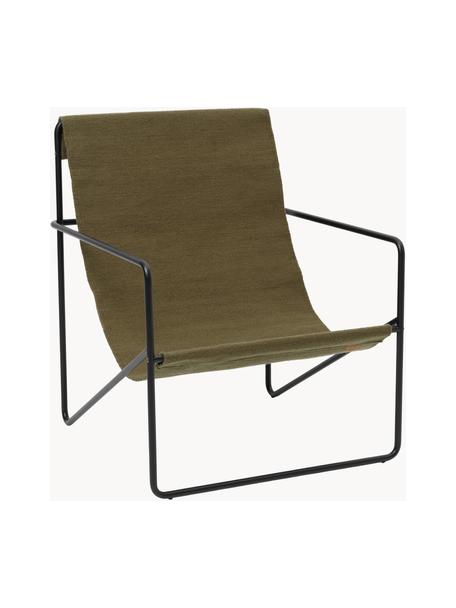 Fauteuil lounge Desert, Tissu vert olive, pieds noirs, larg. 63 x prof. 66 cm