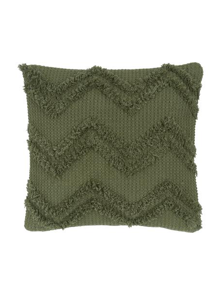 Boho kussenhoes Akesha met getuft zigzagpatroon, 100% katoen, Groen, B 45 x L 45 cm
