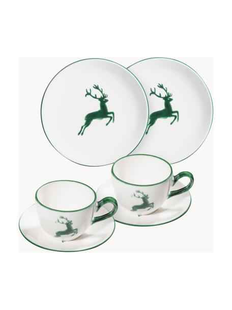 Set de café artesanal Grüner Hirsch, 6 pzas., Cerámica, Blanco, verde, 2 comensales (6 pzas.)