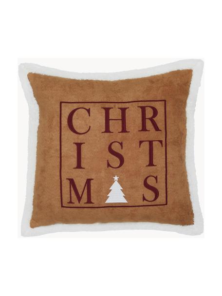 Bestickte Kissenhülle Merry in Lederoptik mit Teddyfell-Keder, 100% Polyester, Braun, Weiß, B 50 x L 50 cm