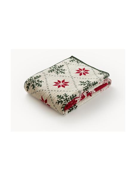 Gebreide deken Starry met kerstmotief, 100% katoen, Lichtbeige, rood, donkergroen, B 130 x L 170 cm