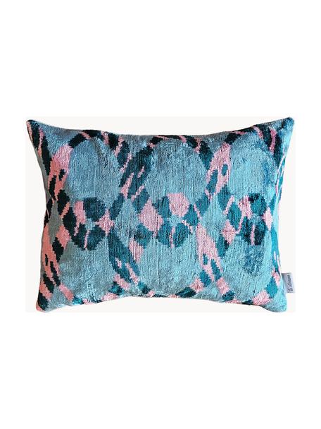 Coussin décoratif en velours avec motif abstrait Velvety, Tons bleus, rose pâle, larg. 40 x long. 60 cm