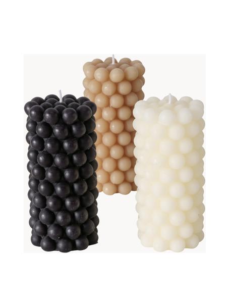 Bougies piliers de cire Pearls, 3 élém., haut. 14 cm, Cire, Blanc cassé, noir, beige, Ø 7 x haut. 14 cm