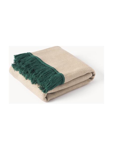 Manta con punto espiga Agatha, 80% algodón, 20% acrílico, Beige claro, verde oscuro, An 120 x L 180 cm