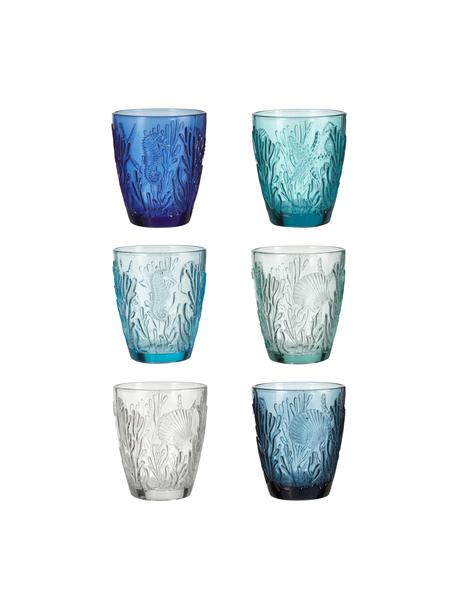 Set 6 bicchieri acqua con motivo corallo Pantelleria, Vetro, Tonalità blu, Ø 9 x Alt. 10 cm