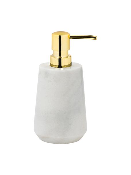 Marmor-Seifenspender Lux, Behälter: Marmor, Pumpkopf: Kunststoff, Weiß, Messingfarben, Ø 8 x H 17 cm