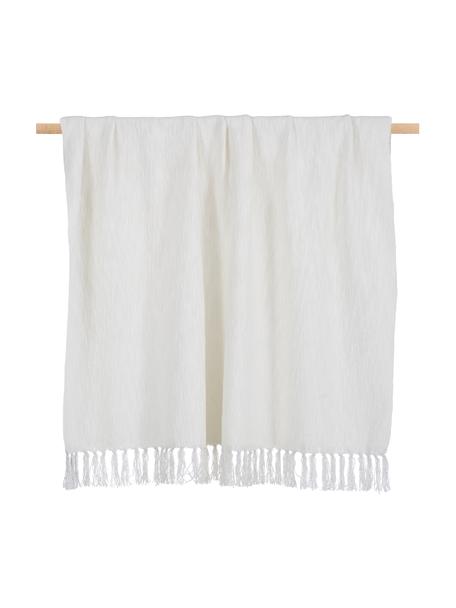 Koc z bawełny z frędzlami Toly, 100% bawełna, Kremowobiały, S 130 x D 170 cm