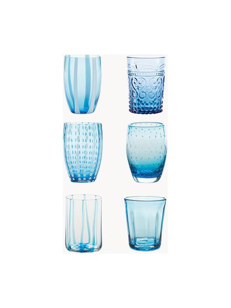 Set de vasos artesanales Melting, 6 uds., Vidrio, Azul claro transparente, Set de diferentes tamaños