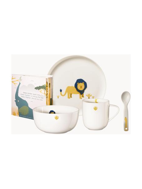 Kindergeschirr-Set Leo Löwe, 5-tlg., Fine Bone China (Porzellan), Weiß, Sonnengelb, Dunkelblau, Set mit verschiedenen Größen