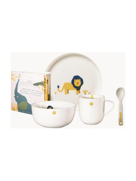 Vajilla Leo Löwe, 5 pzas., Porcelana fina Bone China, Blanco, amarillo, azul, Set de diferentes tamaños