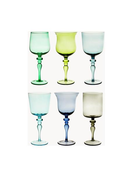 Ručne fúkaný pohár na víno v rôznych farbách a tvaroch Diseguale, 6 ks, Fúkané sklo, Zelená, tóny modrej, Ø 8 x V 20 cm, 200 ml