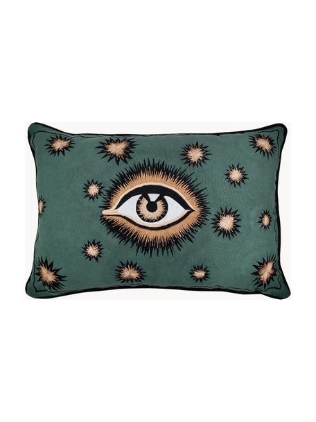 Handgeborduurde katoenen kussenhoes Eye, 100% katoen, Donkergroen, beige, B 40 x L 60 cm