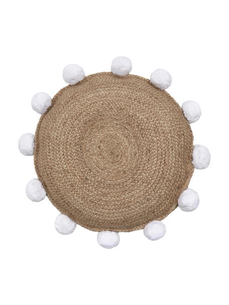 Coussin décoratif rond jute à pompons Fiko, Beige, blanc, Ø 40 cm