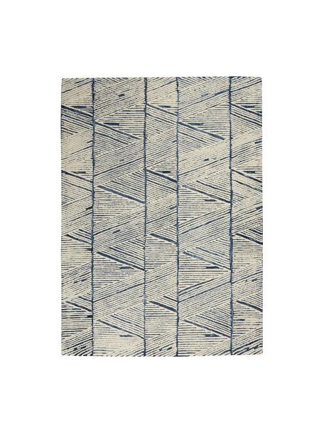 Tapis en laine tissé à la main Colorado, 100 % laine

Les tapis en laine peuvent perdre des fibres lors des premières semaines et des peluches peuvent se former, ce phénomène est naturel et diminue à mesure de votre usage et du temps, Blanc crème, bleu foncé, larg. 120 x long. 180 cm (taille S)