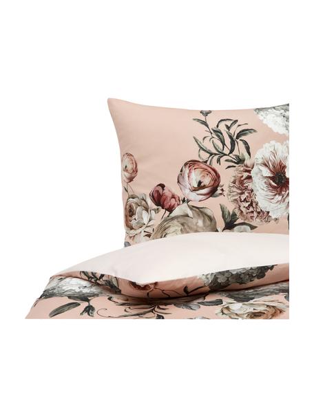 Pościel z satyny bawełnianej Blossom, Blady różowy, odcienie beżowego, 155 x 220 cm + 1 poduszka 80 x 80 cm