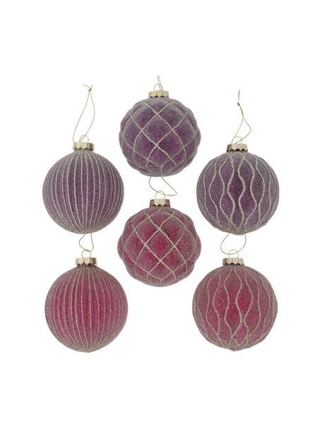 Handgemaakte kerstballenset Taina, 12-delig, Goudkleurig, violet, roze, Ø 8 cm