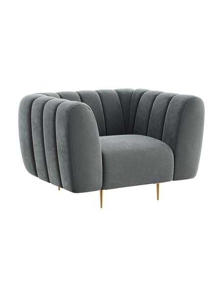 Poltrona in velluto grigio acciaio Shel, Rivestimento: 100% velluto di poliester, Seduta: molle a onda, schiuma, Struttura: legno duro, legno morbido, Piedini: metallo rivestito, Velluto grigio acciaio, ottonato, Larg. 110 x Prof. 95 cm
