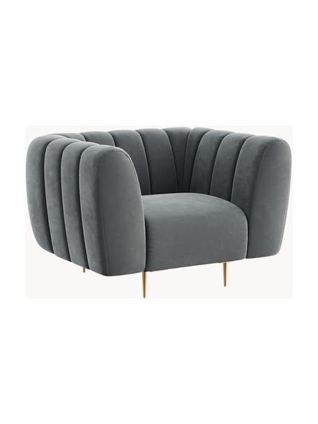 Poltrona in velluto grigio acciaio Shel, Rivestimento: 100% velluto di poliester, Seduta: molle a onda, schiuma, Struttura: legno duro, legno morbido, Piedini: metallo rivestito, Velluto grigio acciaio, ottonato, Larg. 110 x Prof. 95 cm
