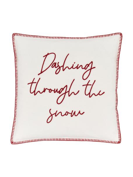 Housse de coussin 45x45 Dashing through the snow, 100 % coton, Blanc, rouge, larg. 45 x long. 45 cm