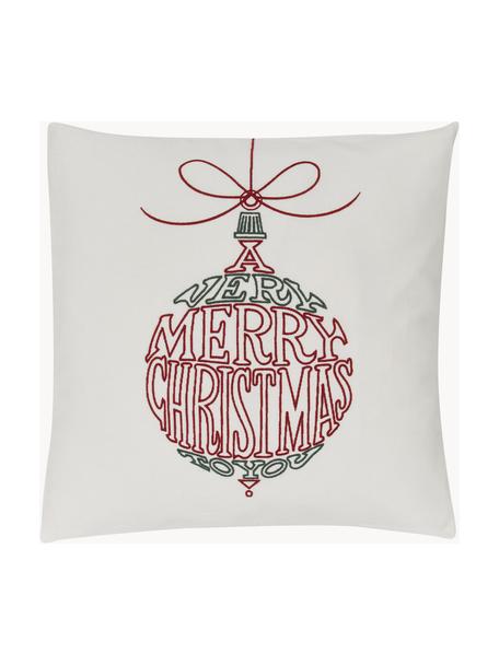 Copricuscino ricamata con motivo invernale Finn, 100% cotone, Bianco crema, rosso, verde scuro, Larg. 45 x Lung. 45 cm