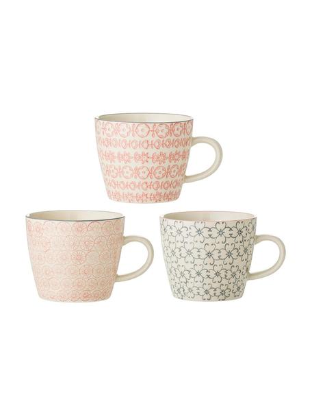 Tassen Cécile mit kleinem Muster, 3er-Set, Steingut, Beige, Grau, Rosa, Ø 10 x H 8 cm, 300 ml