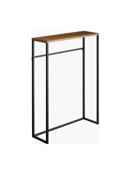 Smalle metalen console Tower met haken, Frame: gepoedercoat staal, Tafelblad: hout, Zwart, donker hout, B 60 x H 81 cm