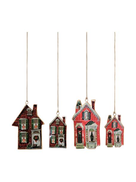 Kerstboomhangersset Houses, 4-delig, Bruin, rood, Set met verschillende formaten
