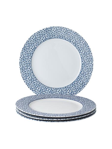 Plytký tanier s modrým vzorom Candy Rose, 4 ks, Fine Bone China, Biela, modrá, Ø 26 cm