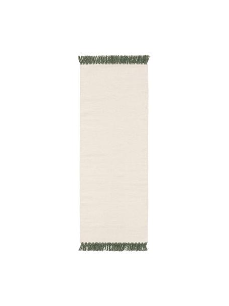 Ręcznie tkany chodnik z wełny z frędzlami Gitta, 90% wełna, 10% bawełna

Włókna dywanów wełnianych mogą nieznacznie rozluźniać się w pierwszych tygodniach użytkowania, co ustępuje po pewnym czasie, Złamana biel, ciemny zielony, S 70 x D 200 cm