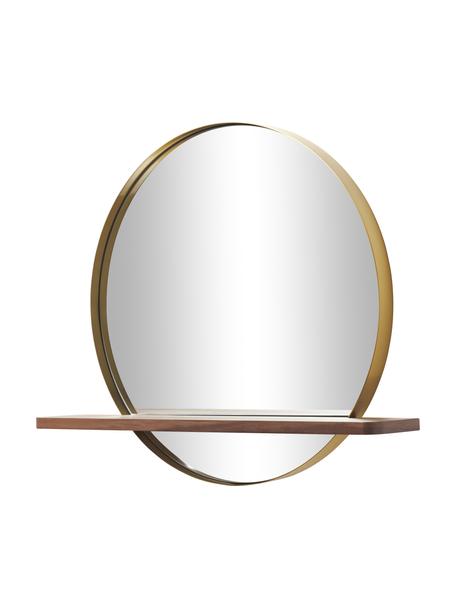 Espejo de pared redondo de metal Kenny, con estante de madera, Estante: tablero de fibras de dens, Espejo: cristal, Dorado, madera de nogal, An 70 x Al 60 cm