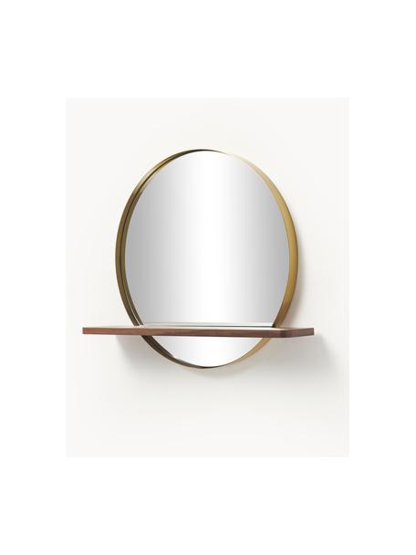 Okrągłe lustro ścienne z metalową ramą z półką Kenny, Odcienie złotego, drewno naturalne, S 70 x W 60 cm