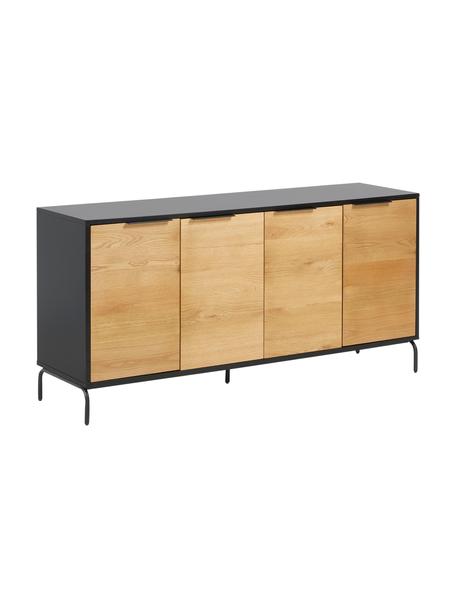 Dressoir Stellar met deuren uit eikenhoutfineer, Frame: MDF, gelakt eikenhoutfine, Zwart, eikenhoutkleurig, B 165 x H 80 cm