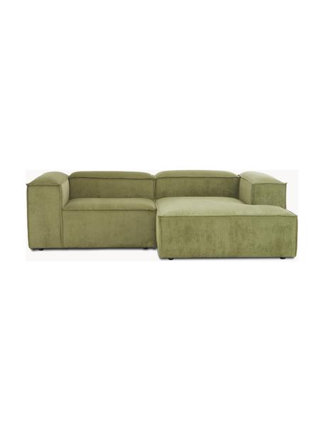 Modulaire hoekbank Lennon van corduroy, Bekleding: corduroy (92% polyester, , Frame: massief grenenhout FSC-ge, Poten: kunststof, Corduroy olijfgroen, B 238 x D 180 cm, hoekdeel links