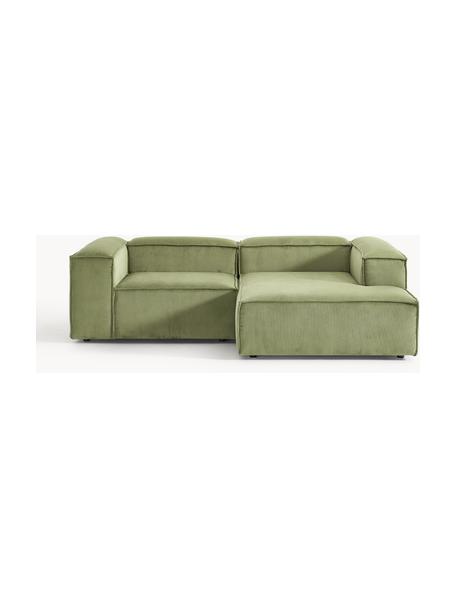 Sofá rinconera modular de pana Lennon, Tapizado: pana (92% poliéster, 8% p, Estructura: madera de pino maciza, ma, Patas: plástico Este producto es, Pana verde oliva, An 238 x F 180 cm, chaise longue izquierda