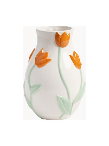 Vase fait main en dolomite Tulip, haut. 22 cm, Dolomie, Orange, vert sauge, blanc cassé, Ø 16 x haut. 22 cm