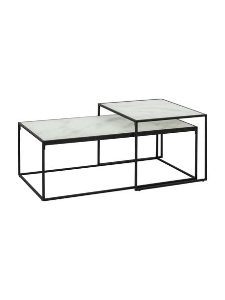 Set de mesas de centro Bolton, 2 uds., tablero de vidrio en aspecto mármol, Tablero: vidrio, laminado, Estructura: metal con pintura en polv, Blanco, negro, Set de diferentes tamaños