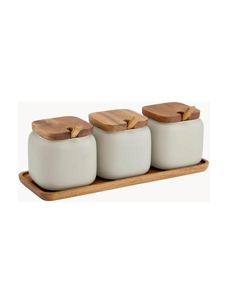 Pots en porcelaine avec accessoires en bois d'acacia Essentials, 7 élém., Porcelaine, bois d'acacia, Beige clair, foncé bois, Lot de différentes tailles