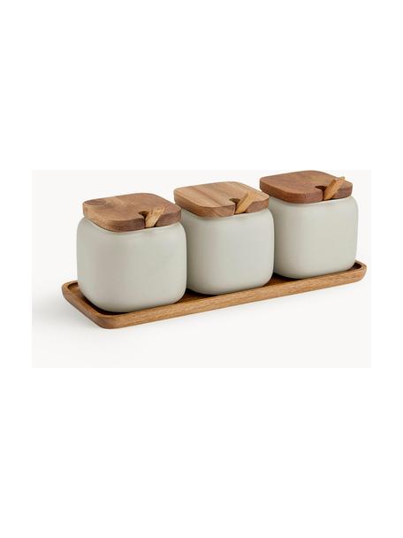 Pots en porcelaine avec accessoires en bois d'acacia Essentials, 7 élém., Porcelaine, bois d'acacia, Beige clair, foncé bois, Lot de différentes tailles