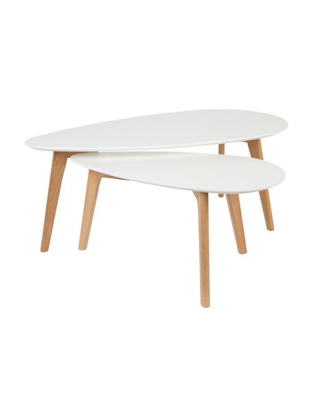 Set de mesas de centro ovaladas Nordic, 2 uds., Tablero: fibras de densidad media , Patas: madera de roble maciza, Blanco, madera de roble, Set de diferentes tamaños