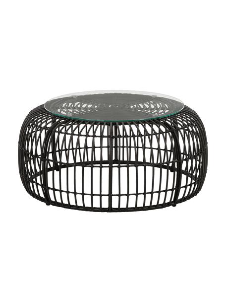 Mesa de centro redonda Costa, con tablero de vidrio, Tablero: vidrio, Estructura: trenzado de polietireno, Negro, Ø 85 x Al 42 cm