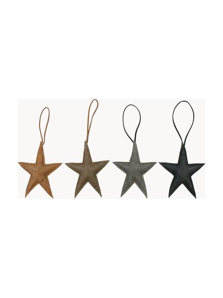 Kerstboomhangers Star van leer, set van 4, Leer, Bruin, grijs, zwart, B 10 x H 13 cm