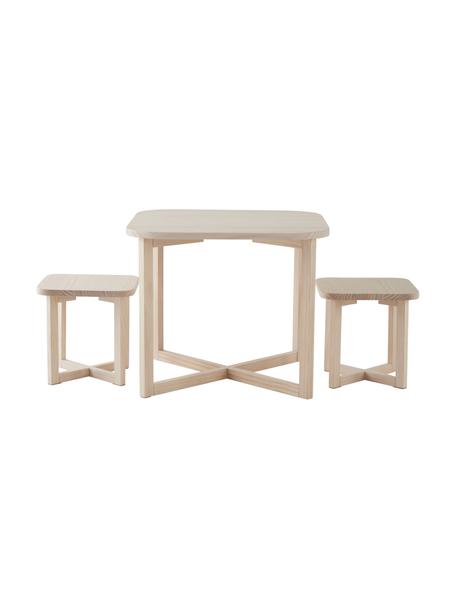 Table avec tabourets en bois pour enfants Benny, 3 élém., Bois de pin certifié FSC, Bois de pin, Lot de différentes tailles