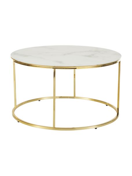 Mesa de centro Antigua, tablero de vidrio en aspecto mármol, Tablero: vidrio estampado con aspe, Estructura: metal, latón, Aspecto mármol blanco, dorado, Ø 80 cm