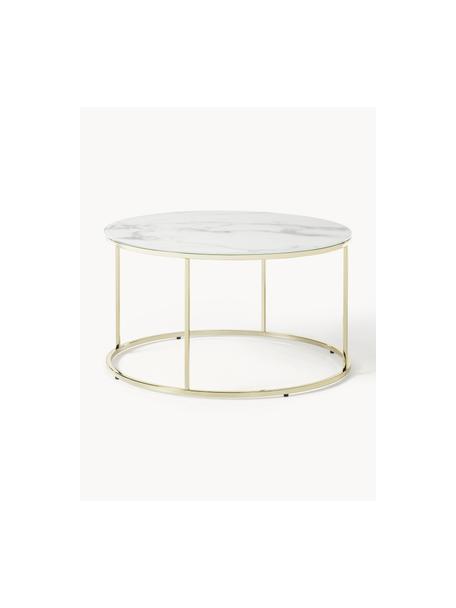 Tavolino rotondo da salotto con piano in vetro effetto marmo Antigua, Struttura: metallo ottonato, Bianco effetto marmo. dorato, Ø 80 cm